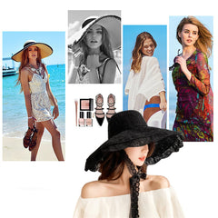Model wearing black lace beach hat at the beach showing wide brim