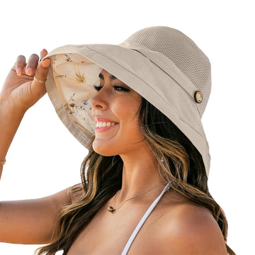 Front view of beige women's mesh sun hat