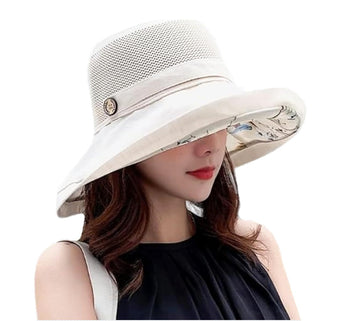 Beige women's mesh sun hat with wide brim and adjustable band