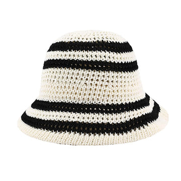 White striped crochet straw sun hat with wide foldable brim