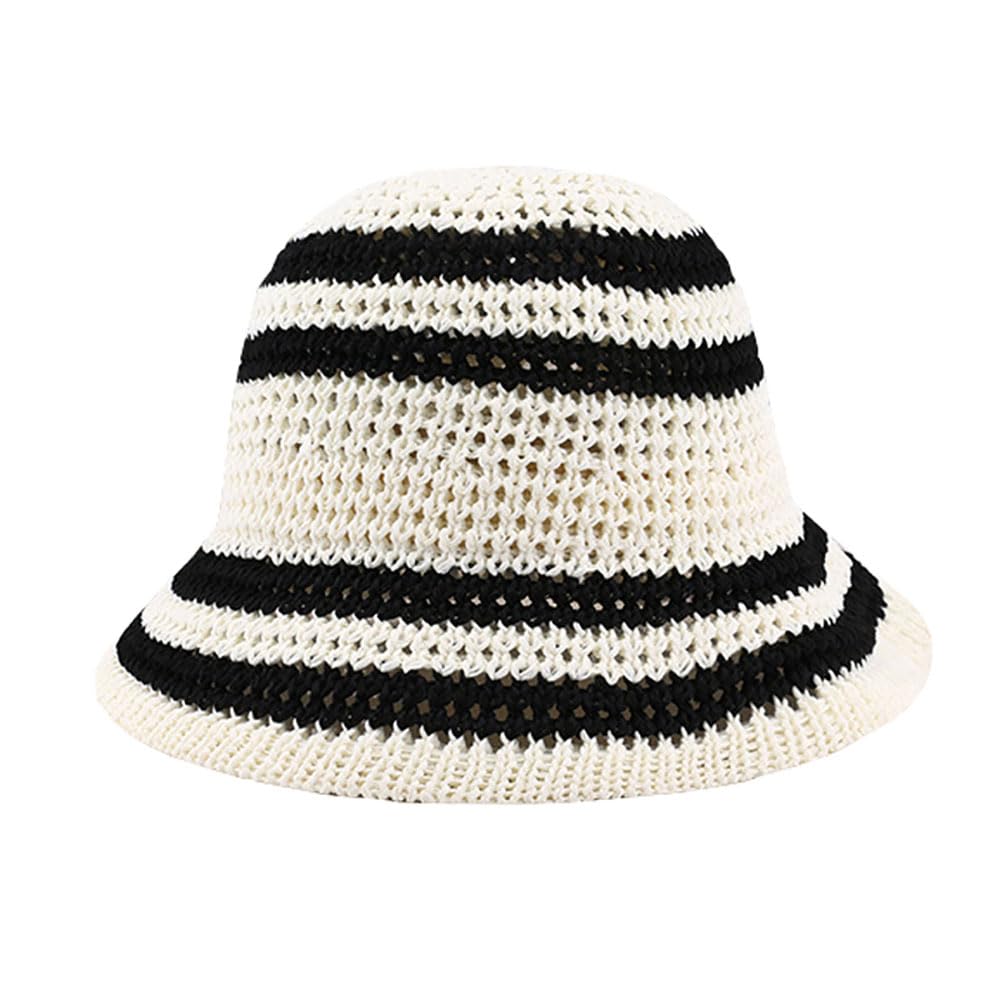 White striped crochet straw sun hat with wide foldable brim