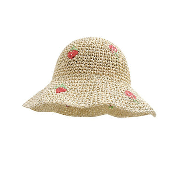 Beige wide brim foldable straw sun hat with strawberry pattern