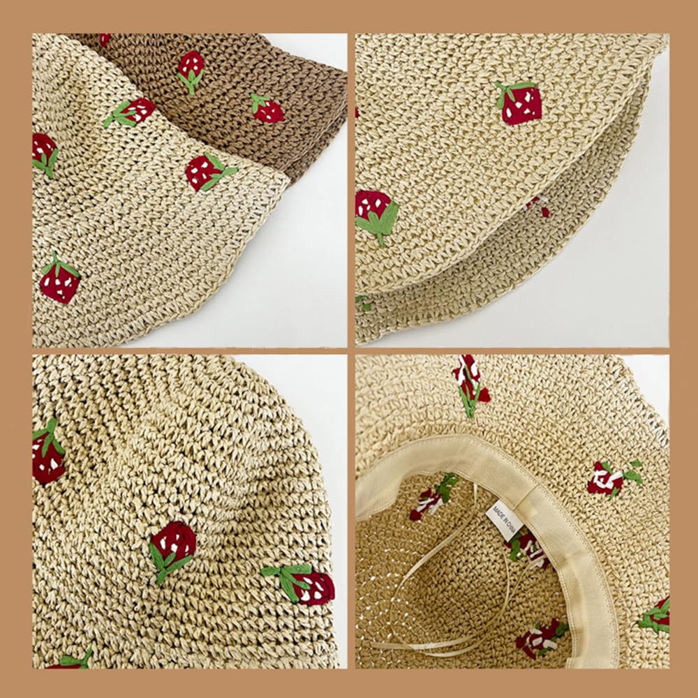 Model wearing beige strawberry-pattern straw hat with summer outfit