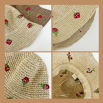 Model wearing beige strawberry-pattern straw hat with summer outfit