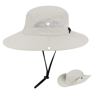 Woman wearing a ponytail sun hat with a wide brim and UV protection