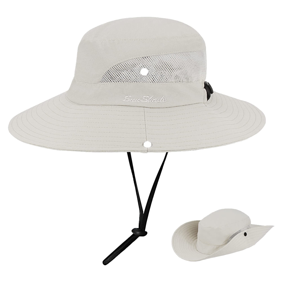 Woman wearing a ponytail sun hat with a wide brim and UV protection