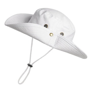 Foldable white sun hat with wide brim for travel