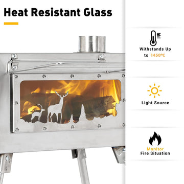 WomeYork portable wood-burning stove with chimney shows quick, clean setup for camp cooking.