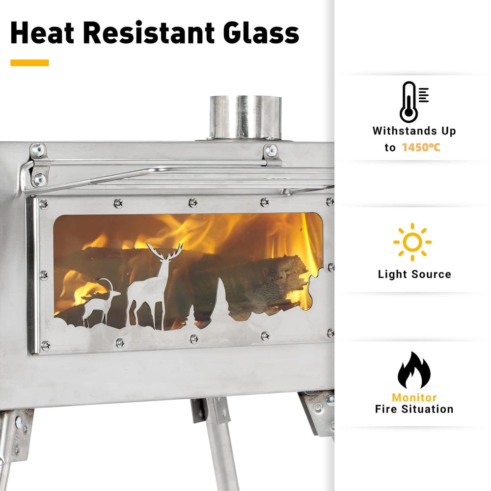 WomeYork portable wood-burning stove with chimney shows quick, clean setup for camp cooking.