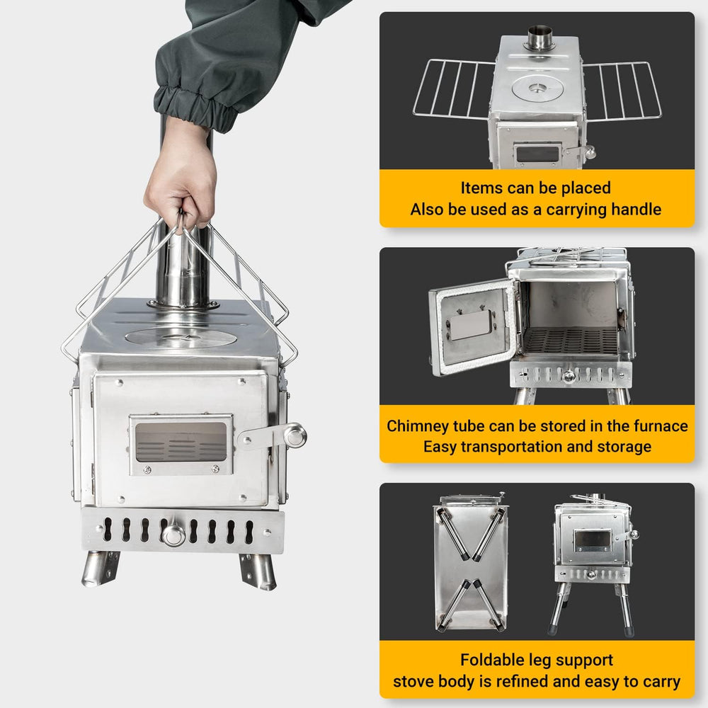 WomeYork stove with foldable legs extended demonstrates stable use on uneven terrain.