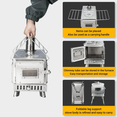 WomeYork stove with foldable legs extended demonstrates stable use on uneven terrain.