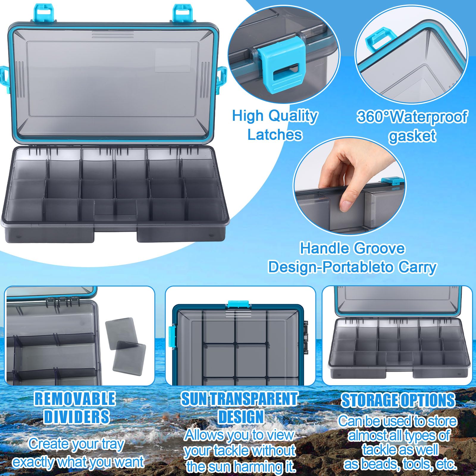 Close-up of removable dividers in blue 3700 tackle box