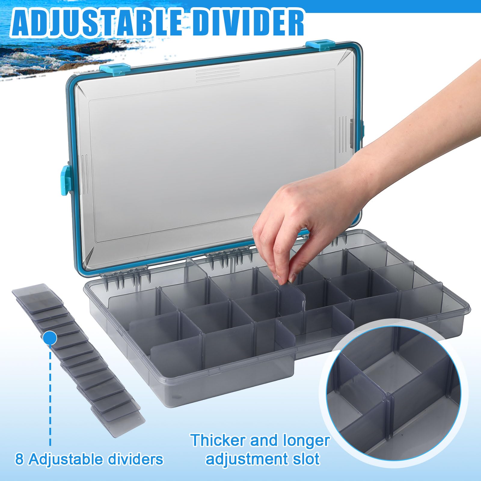 Blue Wonderjune 3700 tackle boxes stacked for storage