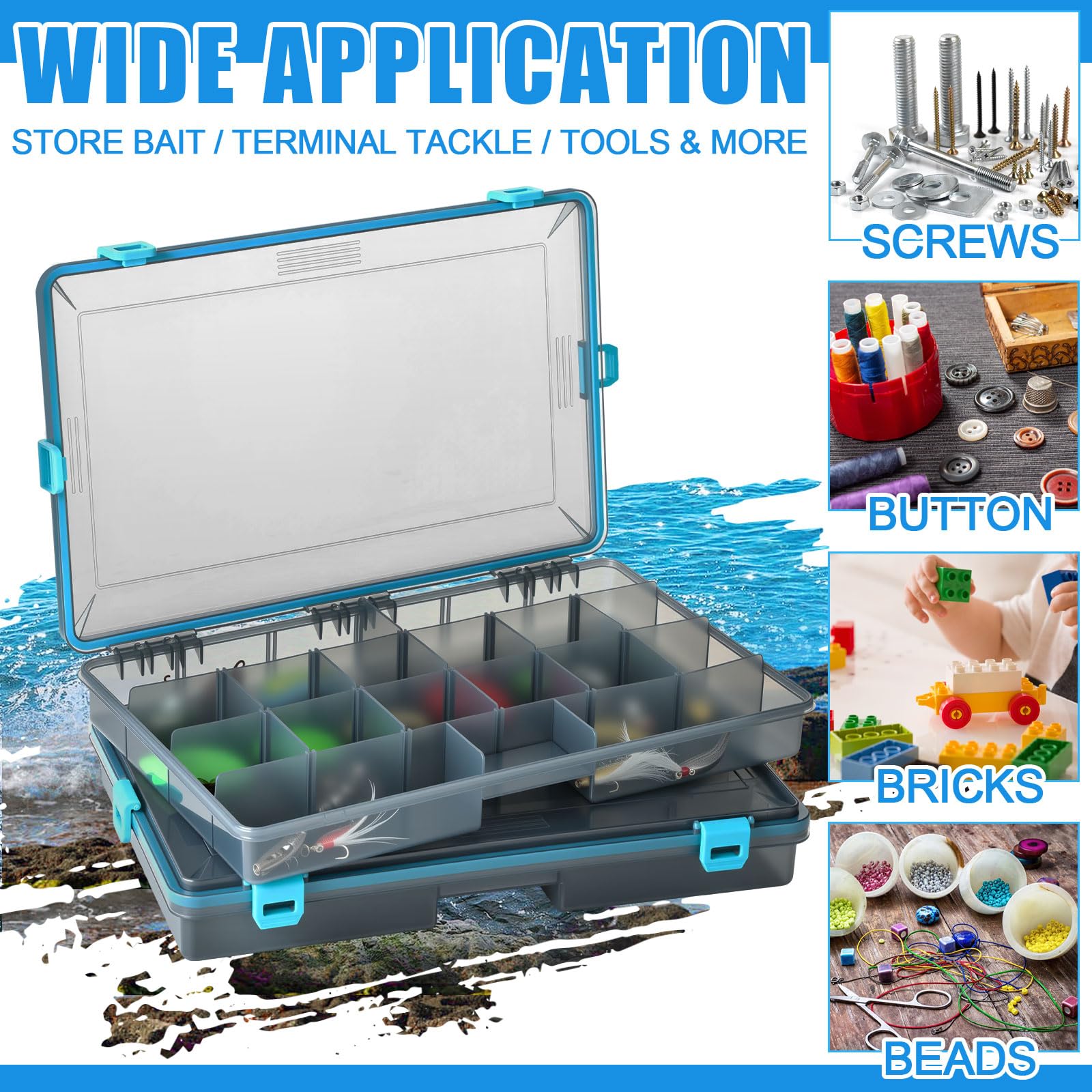 Rugged blue tackle box with four locking latches and anti-slip texture