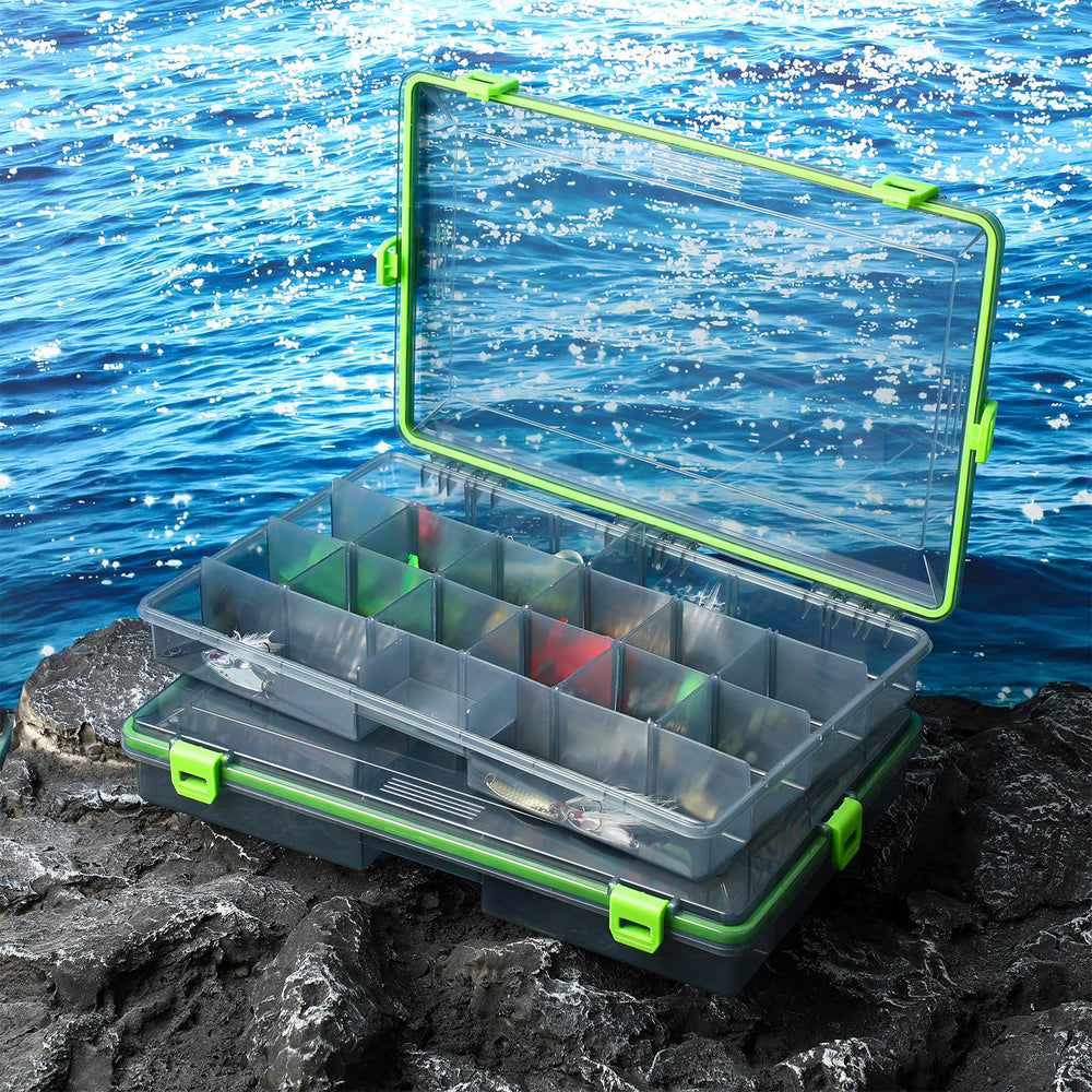 Wonderjune six-pack tackle boxes with removable dividers for customizable lure sorting.