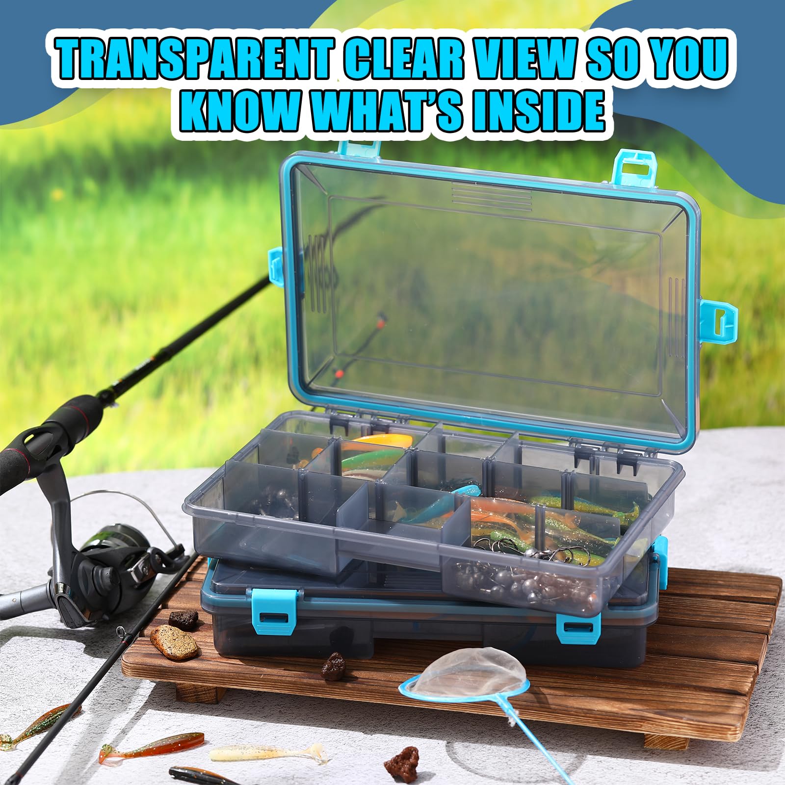 Wonderjune tackle box contents with lures and spoons neatly stored