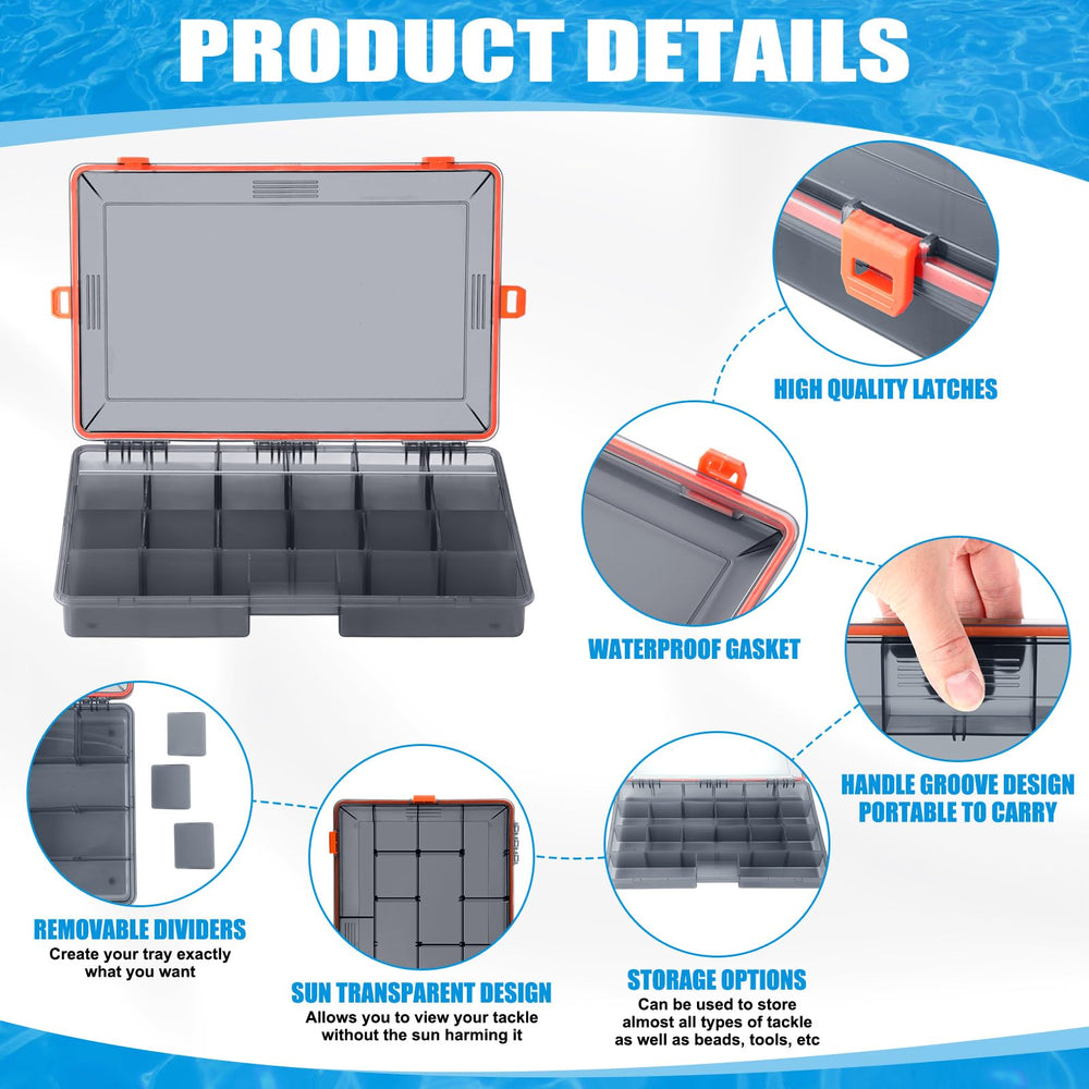 Wonderjune orange tackle box interior with dividers for lure and terminal tackle organization