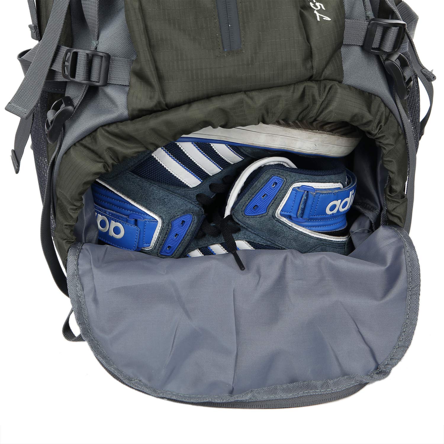 WoneNice 50L backpack mesh side pockets hold water bottles within easy reach.