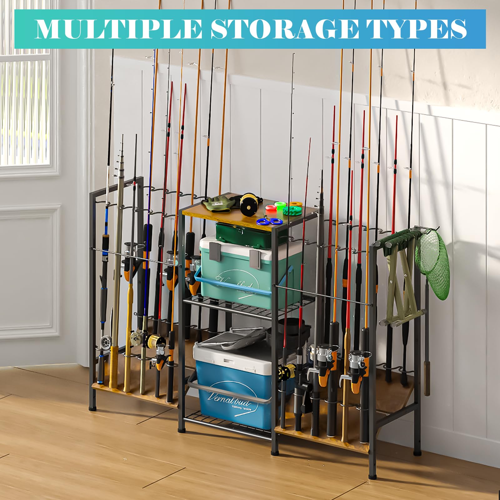Wood top shelf for tackle storage on fishing rod rack