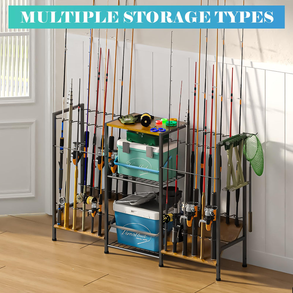 Wood top shelf for tackle storage on fishing rod rack