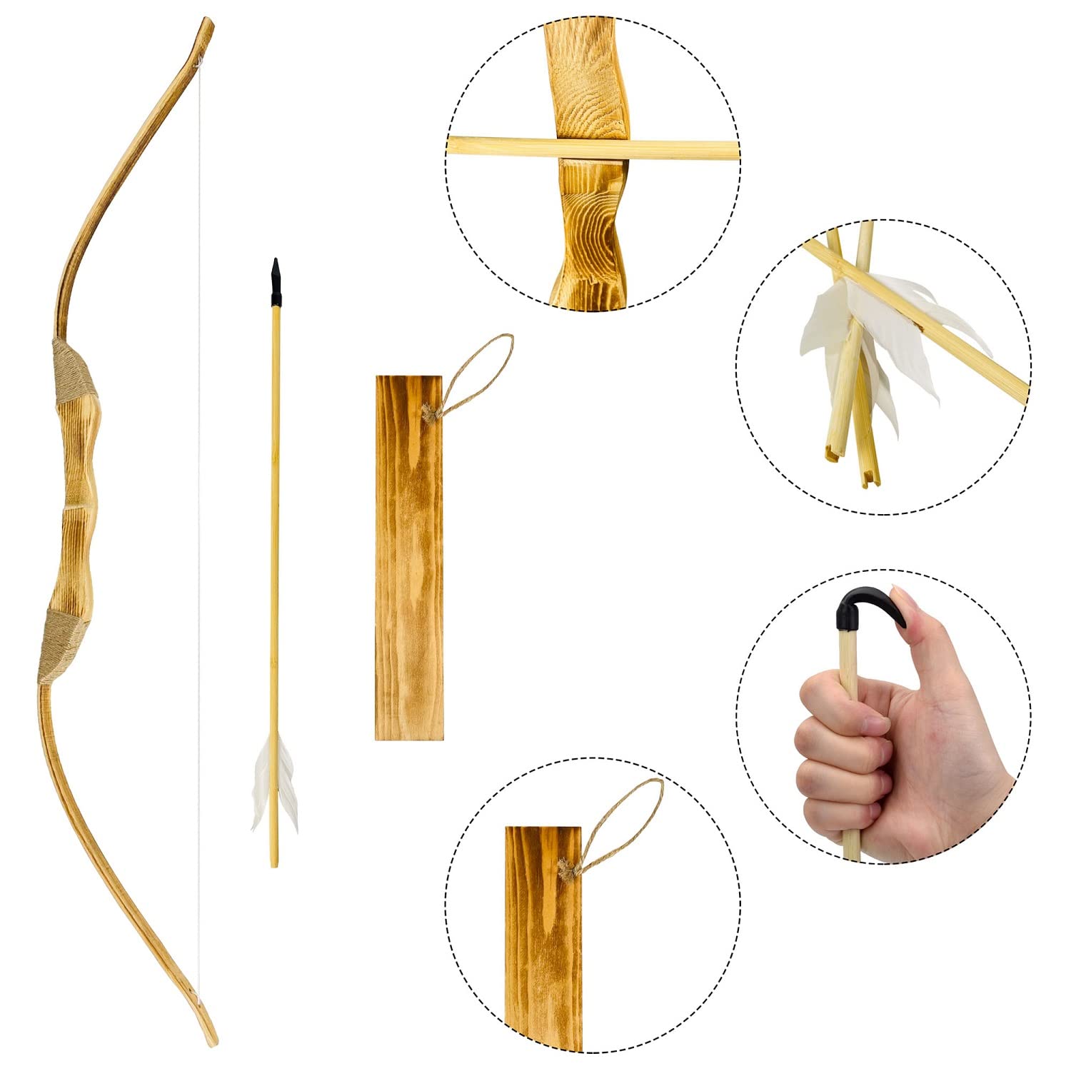 Three wooden feather arrows with rubber tips