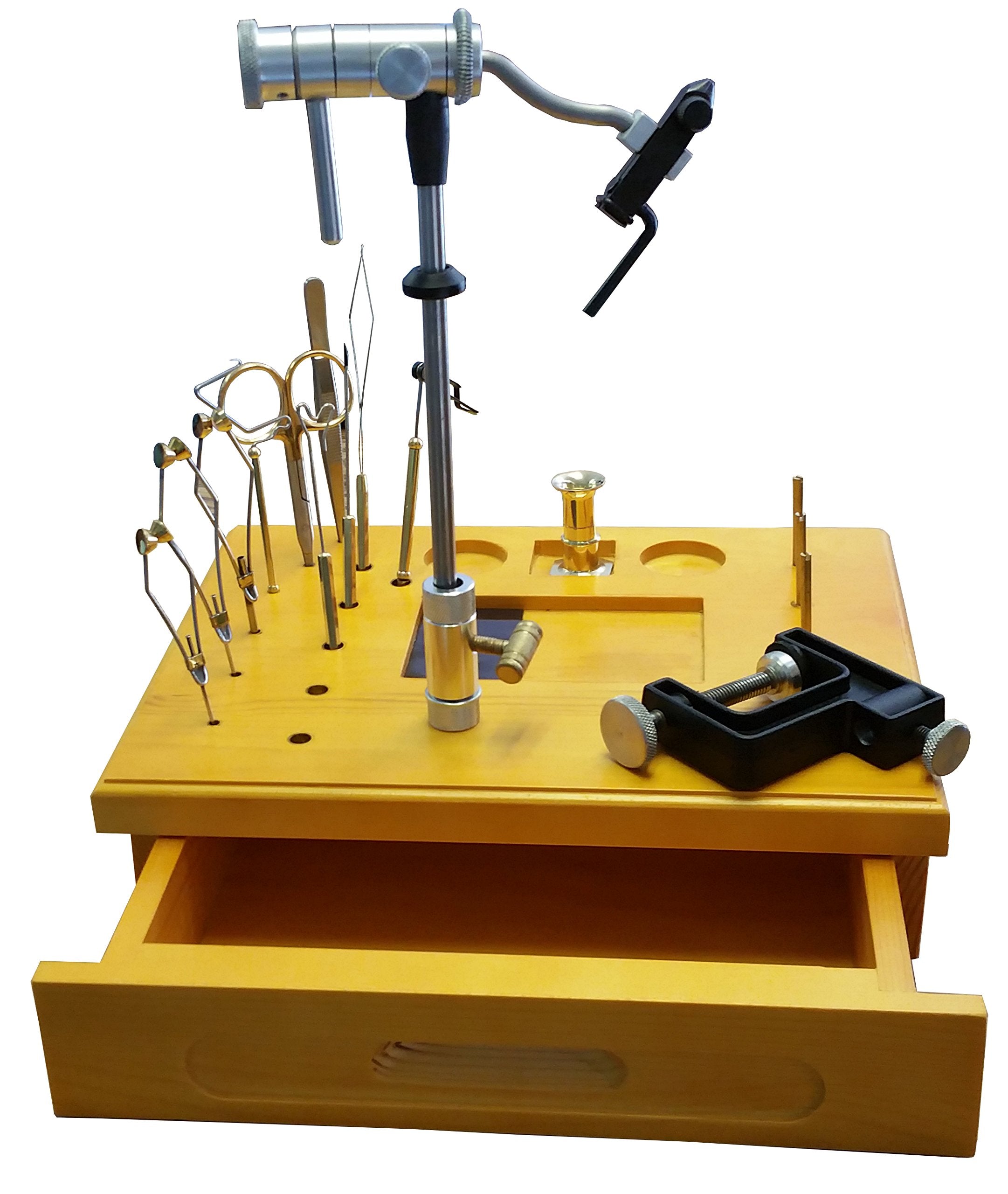 Wooden Fly Tying Kit EZ Vise Z791B with built-in base keeps tools organized during tying sessions