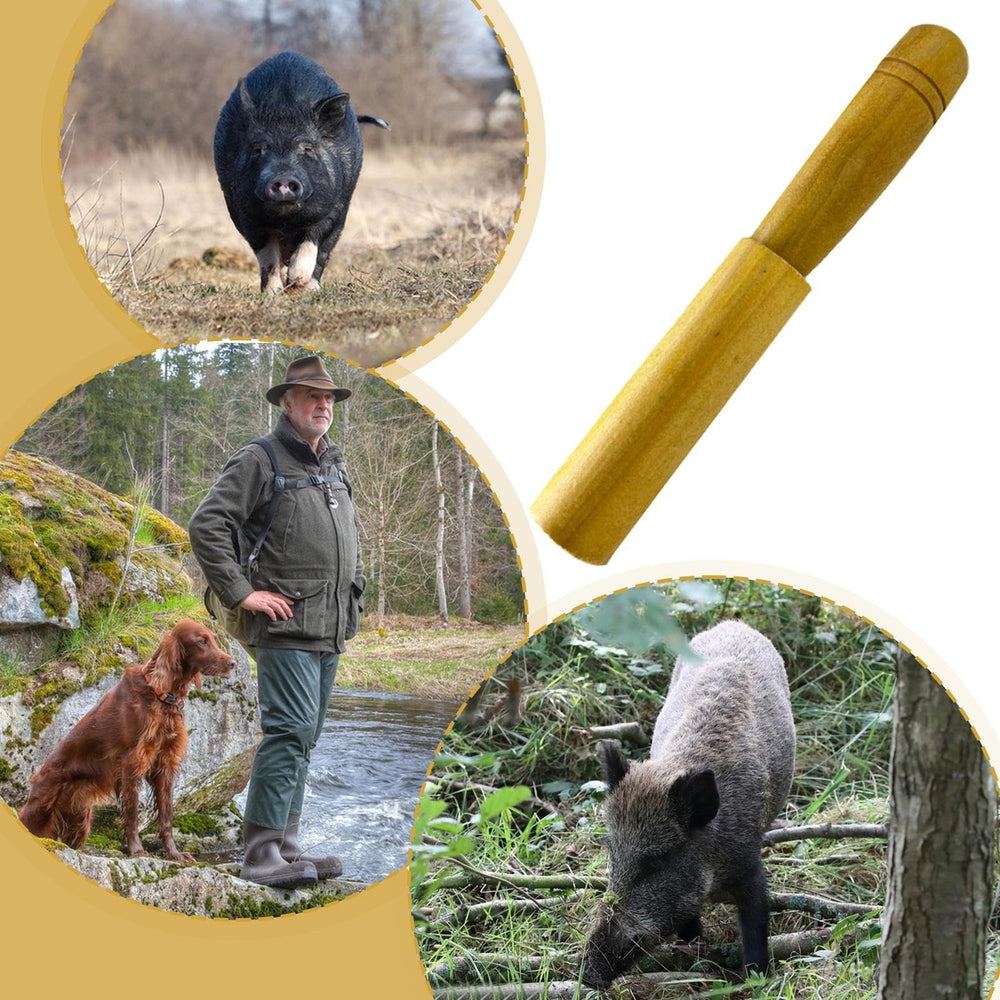 Wooden Wild Boar Caller attached to backpack for quick access.