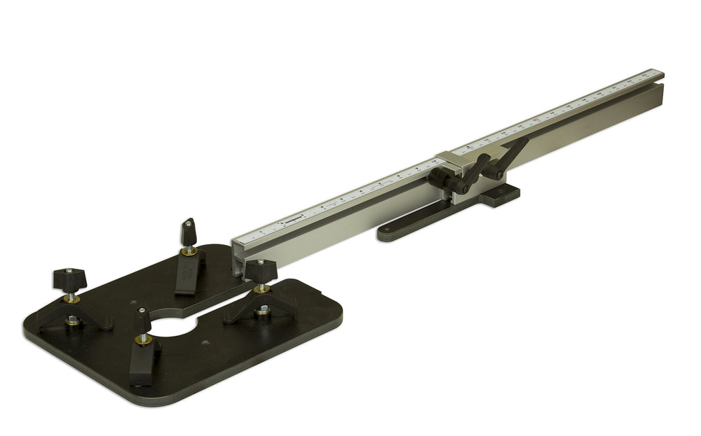 Woodhaven 3260 circle jig quick-set arm demonstrates effortless size adjustments.