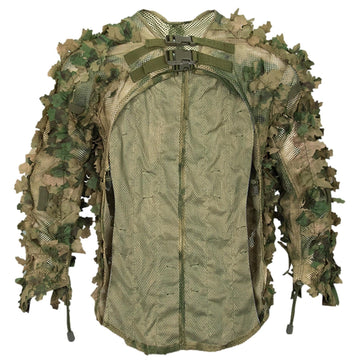 Woodland Camouflage Ghillie Suit with leafy appearance enhances natural blending for wildlife photography