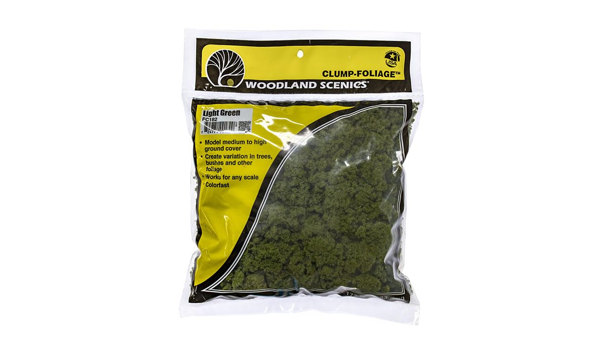 Woodland Scenics Clump Foliage Light Green adds natural ground cover to dioramas.