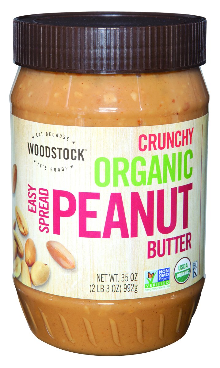 Woodstock Farms Organic Peanut Butter Crunchy Salted 35oz jar—great for spreading on toast and breakfast bowls.