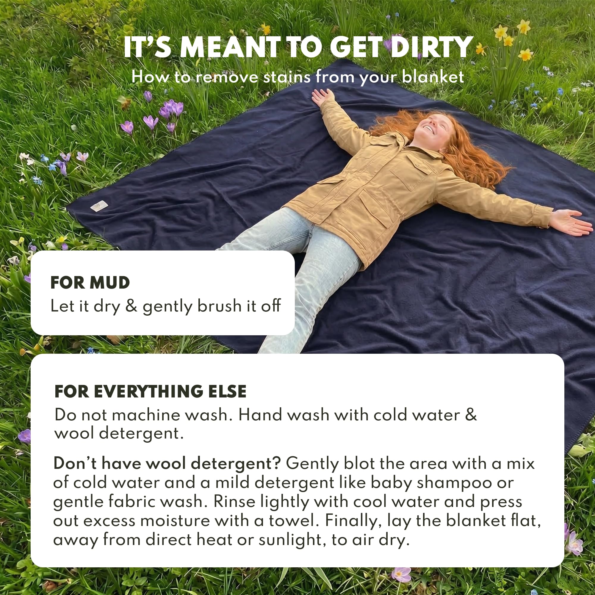 Woolly Mammoth Woolen Co. care guide illustration highlights spot cleaning and simple maintenance