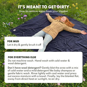 Woolly Mammoth Woolen Co. care guide illustration highlights spot cleaning and simple maintenance