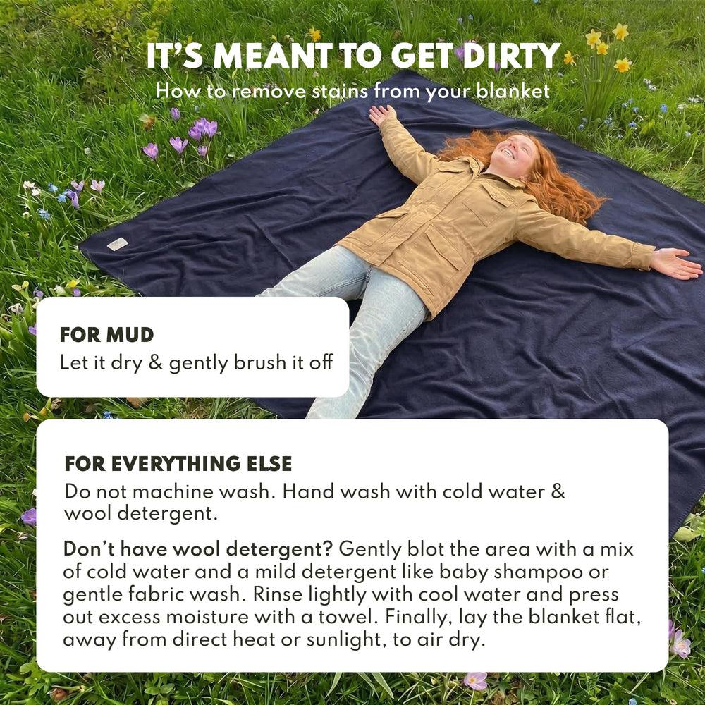 Woolly Mammoth Woolen Co. care guide illustration highlights spot cleaning and simple maintenance