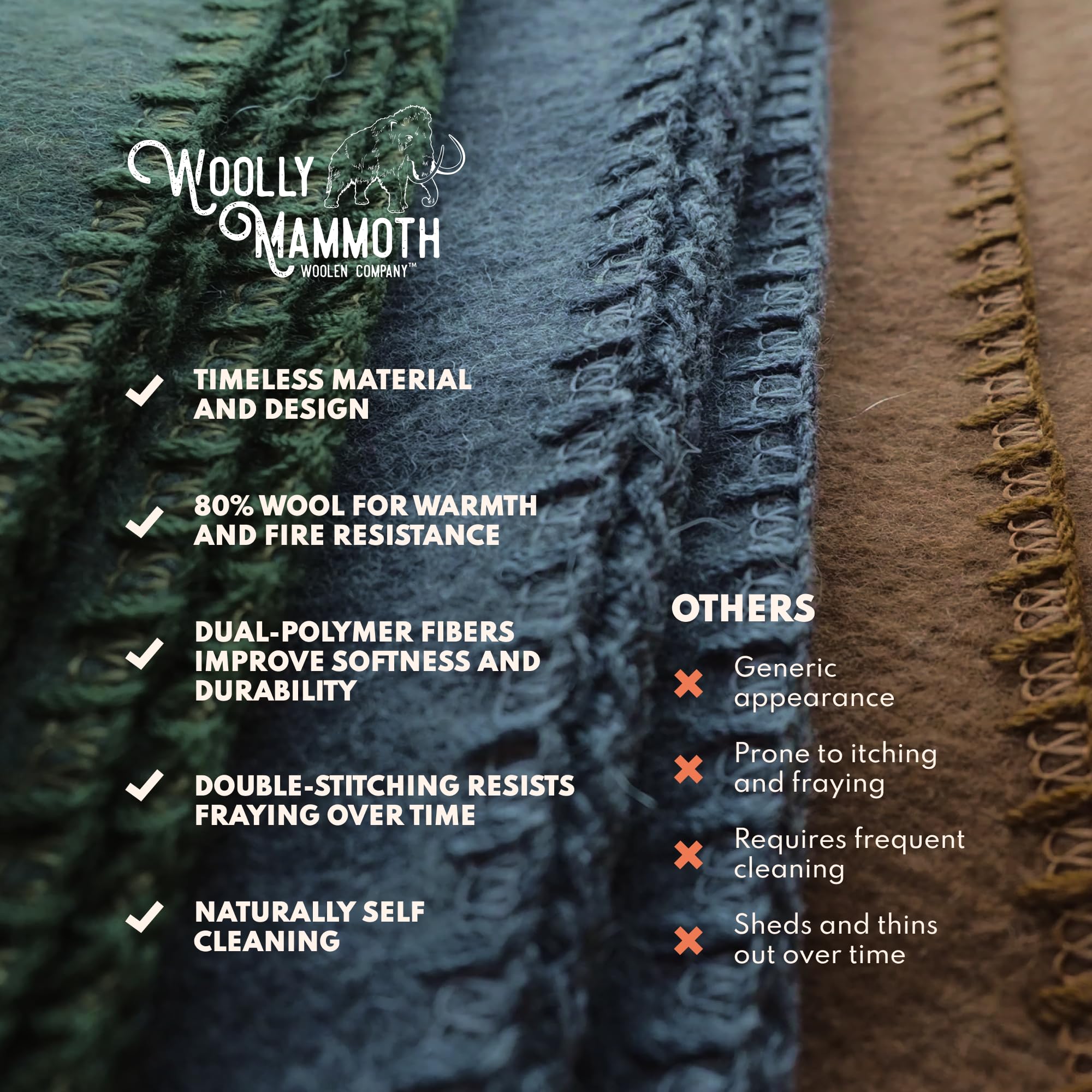 Woolly Mammoth Woolen Co. double-stitched edges ensure lasting durability during heavy outdoor use