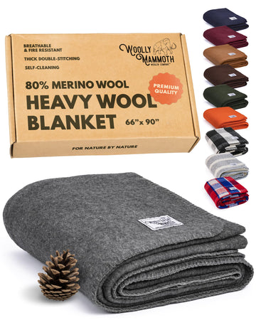 Woolly Mammoth Woolen Co. extra-large merino camp blanket gray folded for warmth on cool nights