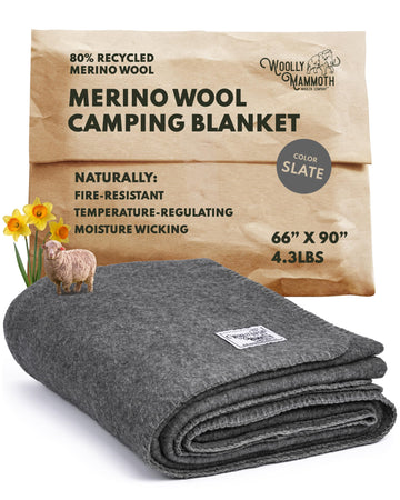 Woolly Mammoth Woolen Co. extra-large merino camp blanket gray folded for warmth on cool nights