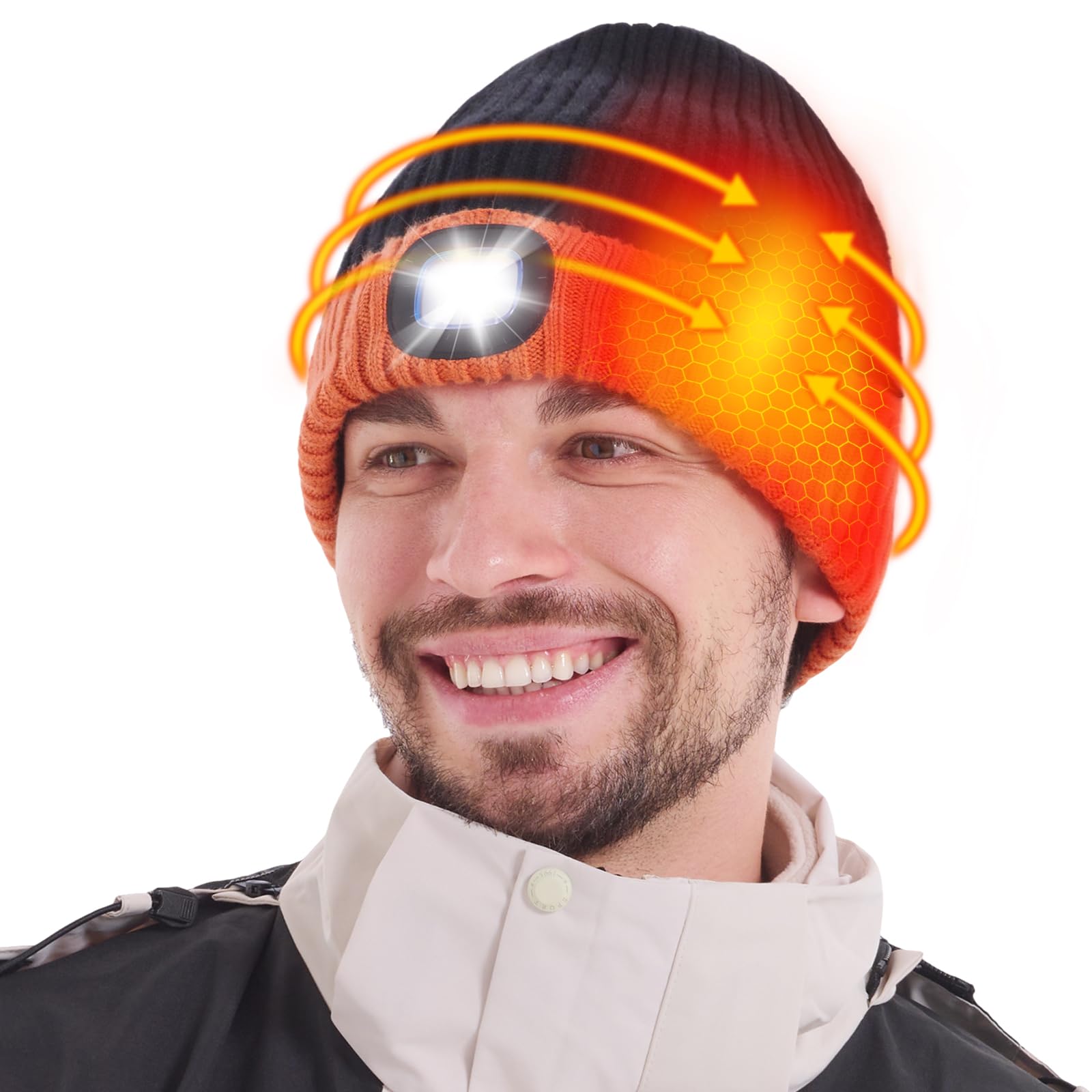 WOOMER heated hat with LED light front view showing warmth and style