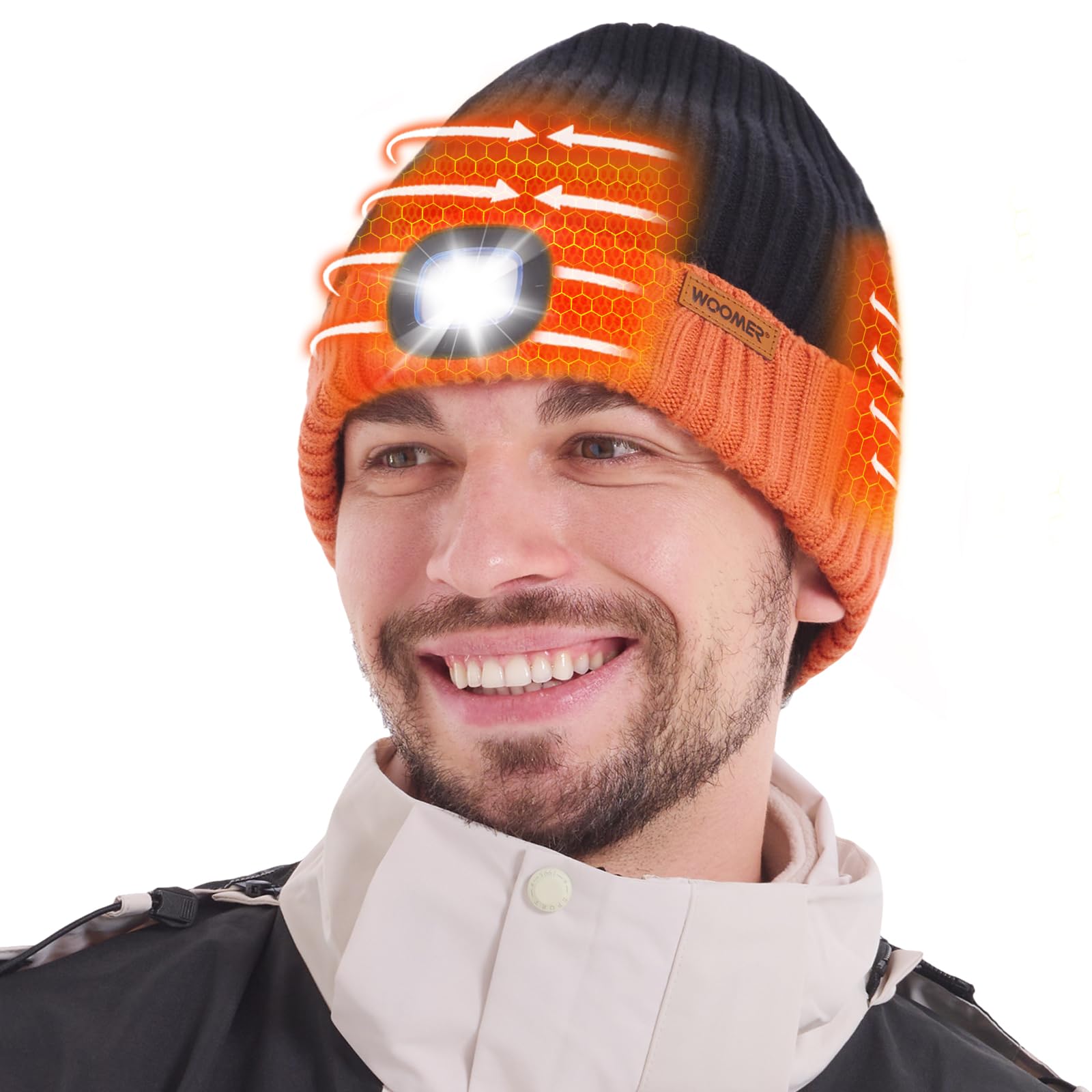 Front view of WOOMER heated hat with LED light