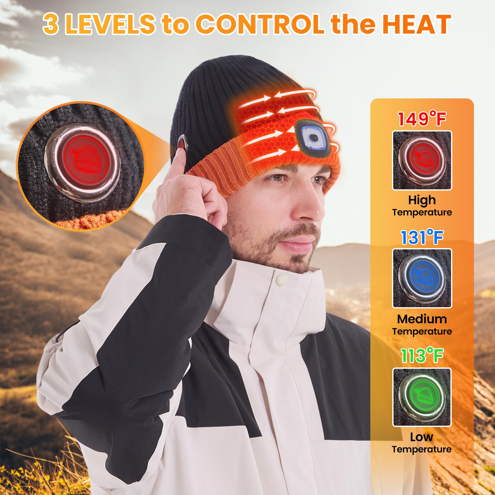 WOOMER heated hat worn on head with LED light active for visibility