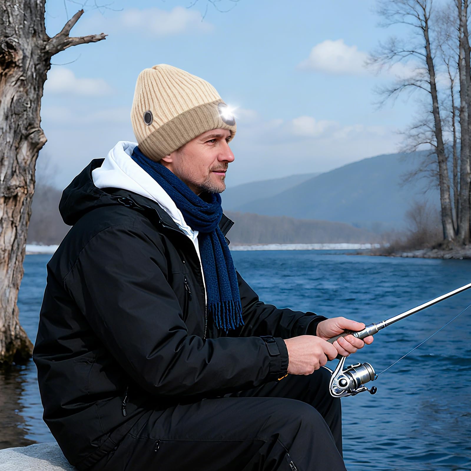 Model wearing WOOMER heated hat outdoors