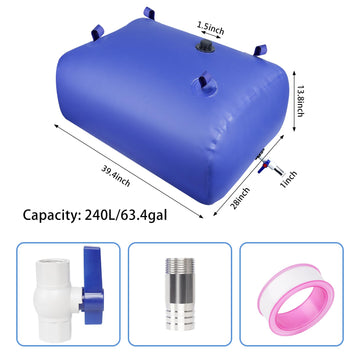 Woovaash water bladder with stainless fittings enables rust-proof hose connections