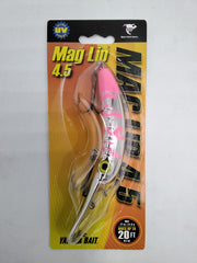 Worden's Mag Lip 4.5-inch silver flo pink riger tail lure, ideal for trout and salmon trolling.