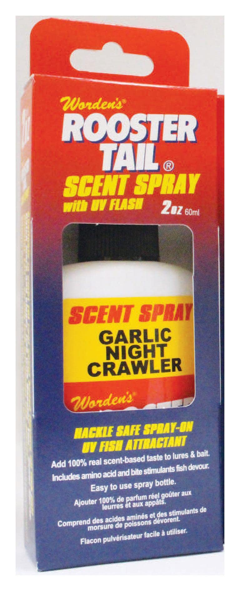 Wordens Rooster Tail Scent Spray 2oz bottle showing lure-rich scent for attracting fish
