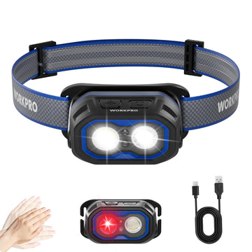 WORKPRO 1200LM headlamp front view shows bright beam for outdoor tasks