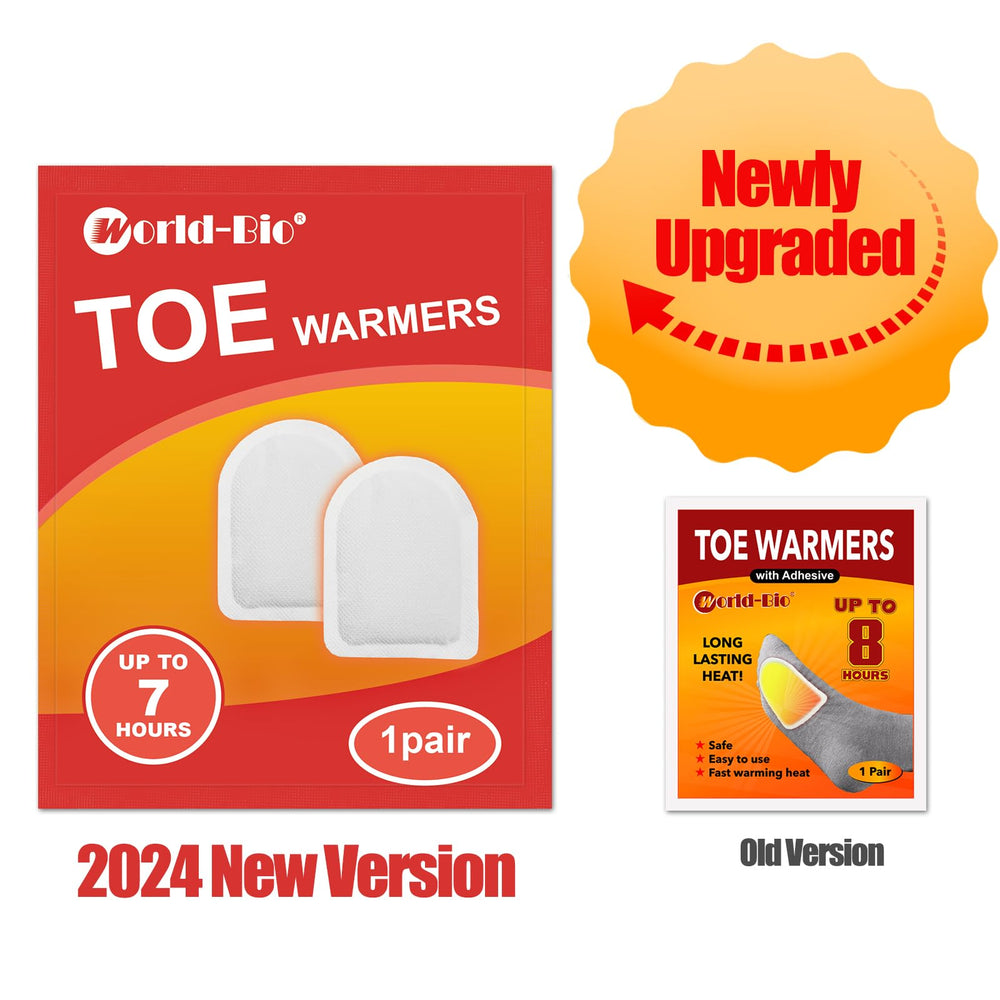 WORLD-BIO toe warmers packaging updated indicates eco-friendly design.