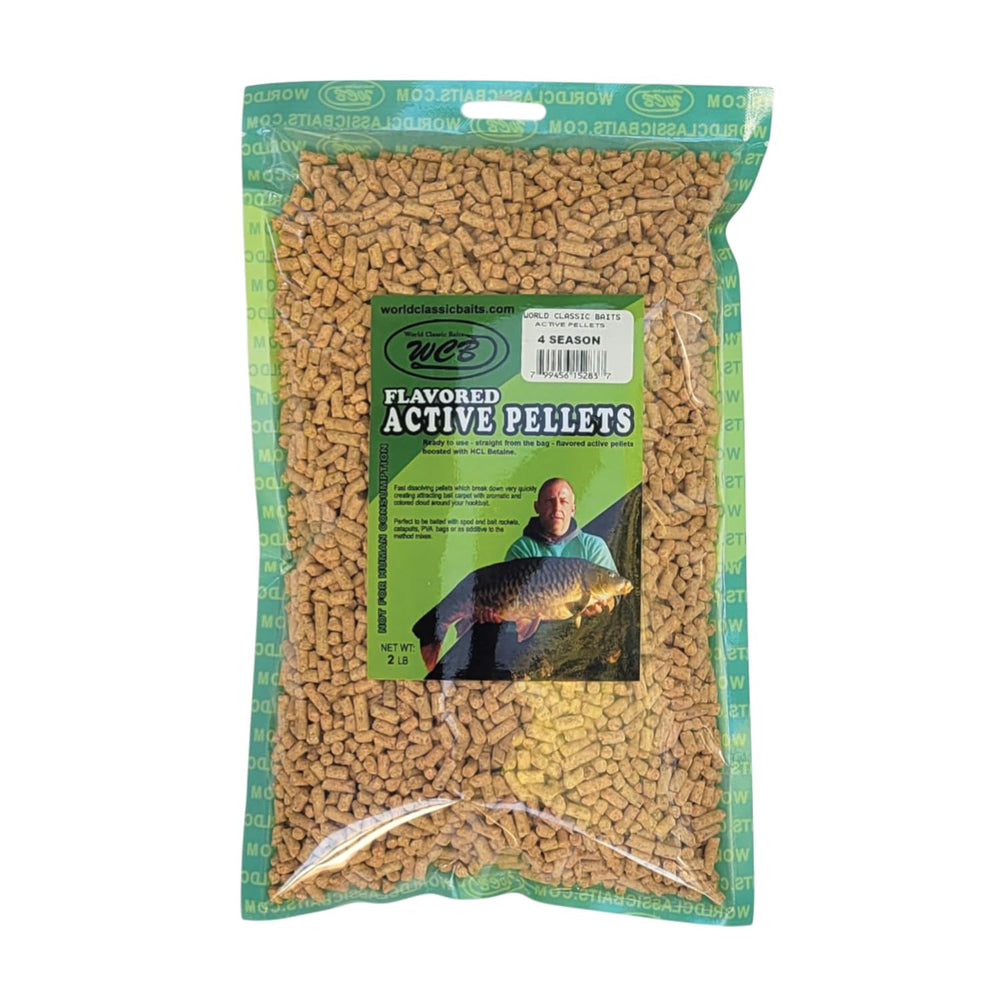World Classic Baits WCB carp baits pellets pack shows long-lasting attractants for carp and catfish.