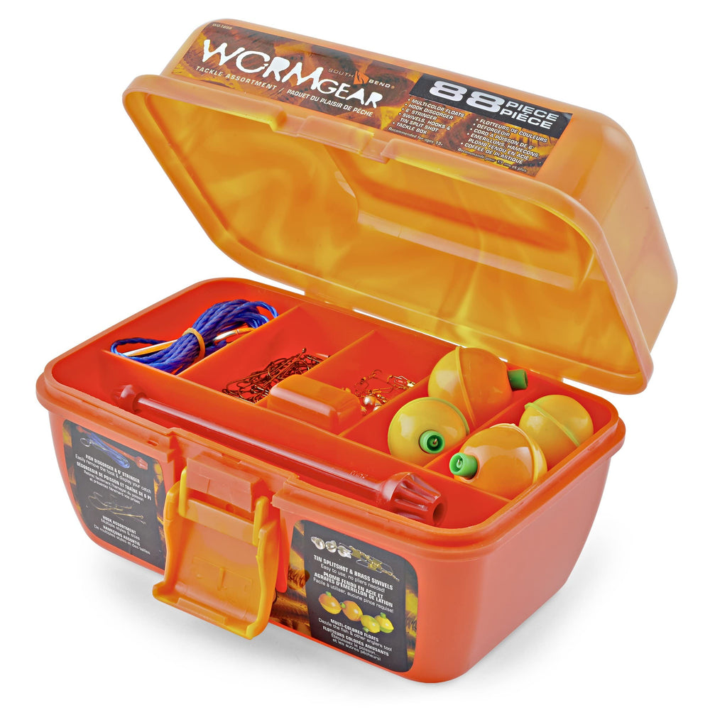 Worm Gear 88 Piece Loaded Tackle Box front view for organized fishing kit and quick setup.