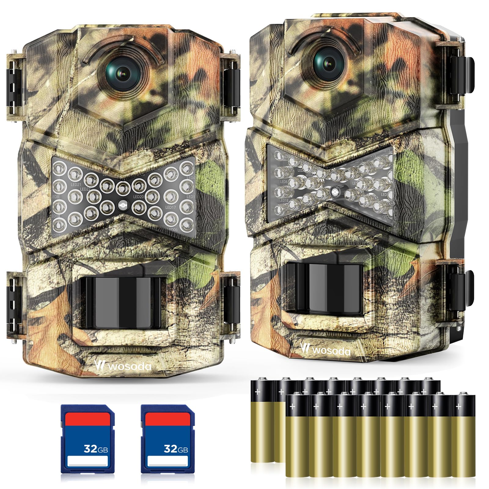 WOSODA 2-pack trail camera night vision setup for discreet wildlife surveillance.