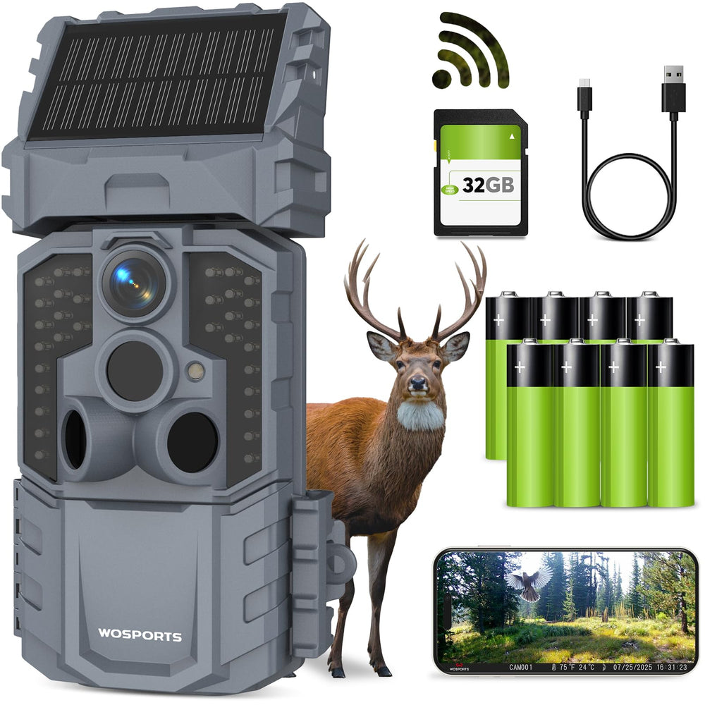 WOSPORTS 48MP WiFi trail camera front view for high-resolution wildlife capture.